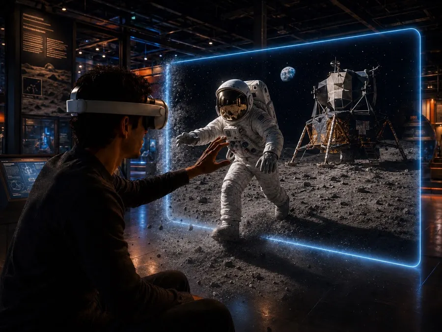 A museum visitor in a VR headset reaching into a 3D moon-landing scene