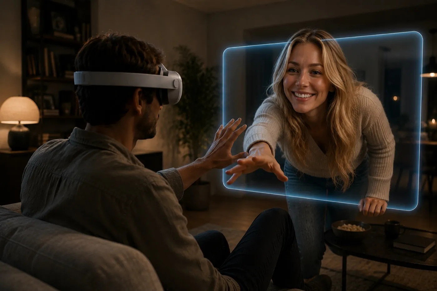 Someone wearing a VR headset while a person reaches out of a floating 3D video window
